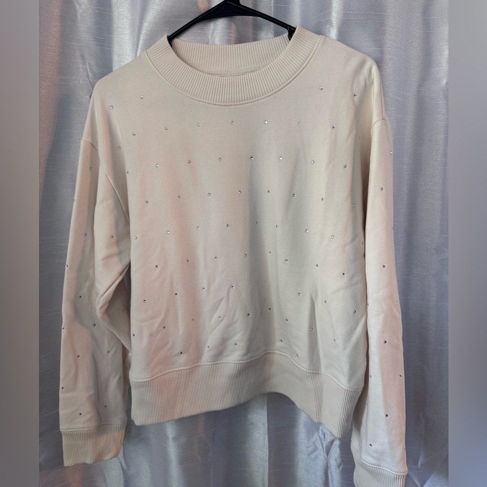 a new day Cream Crewneck Embellished Sweatshirt with Subtle Texture